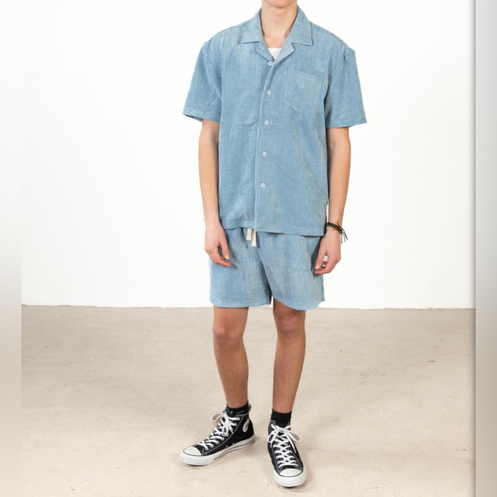 SUPER MASSIVE 2 Pc Set Dusty Blue Washed Corduroy Button-Up Shirt + Shorts NWT